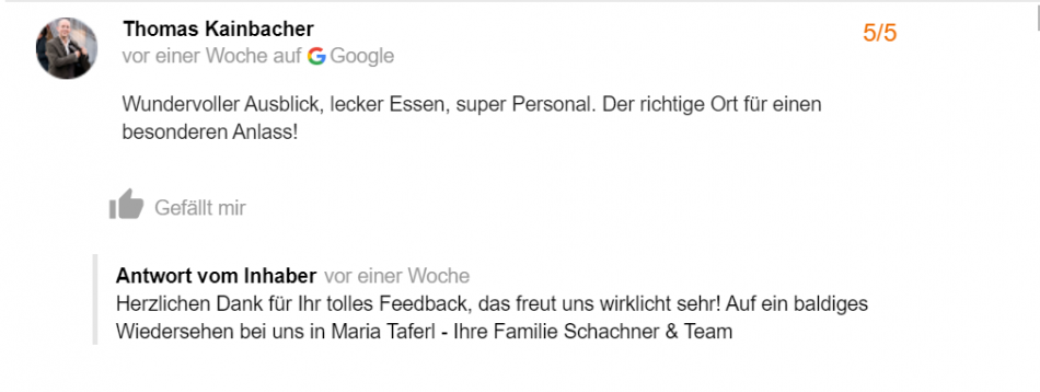 Feedback auf Google - Hotel-Restaurant Schachner